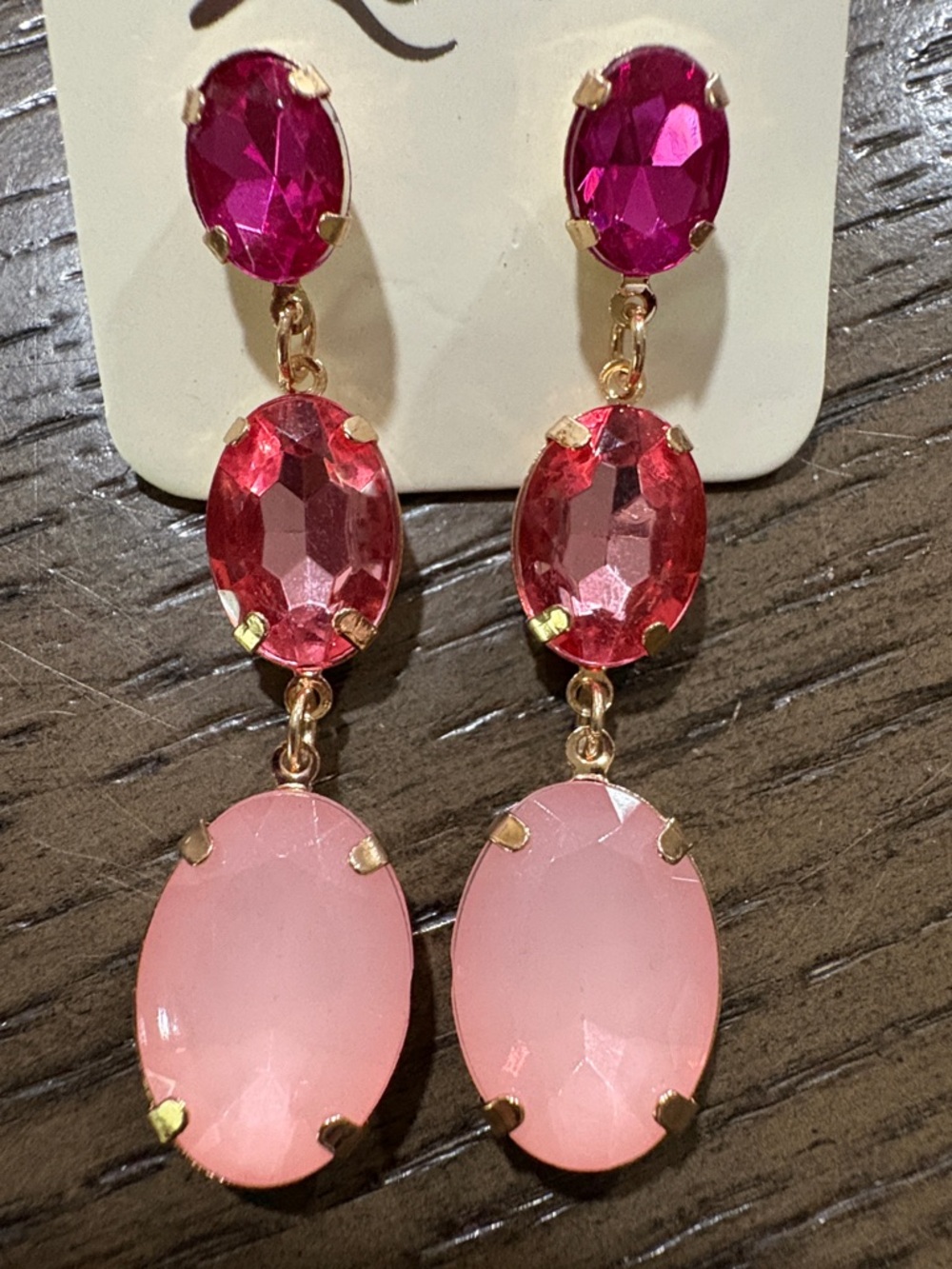 Triple Oval Pink Drop Earrings with Gold Tone Settings